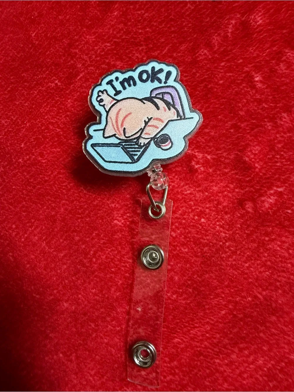 Pink Cartoon 'I'm OK' Badge Reel with Clear Strap